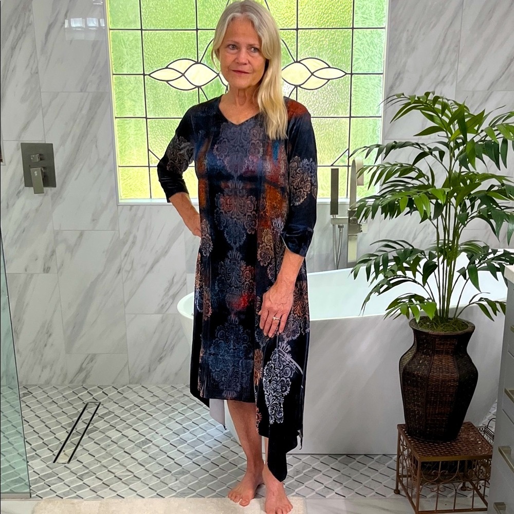 Excellent cond.-One World. Elegant velvety Blue/Orange Gorgeous Dress-NOT SHEER